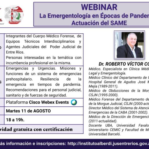 WEBINAR “LA EMERGENTOLOGÍA EN ÉPOCAS DE PANDEMIA. ACTUACIÓN DEL SAME” – Instituto “Dr. Juan Bautista Alberdi” (Entre Ríos)
